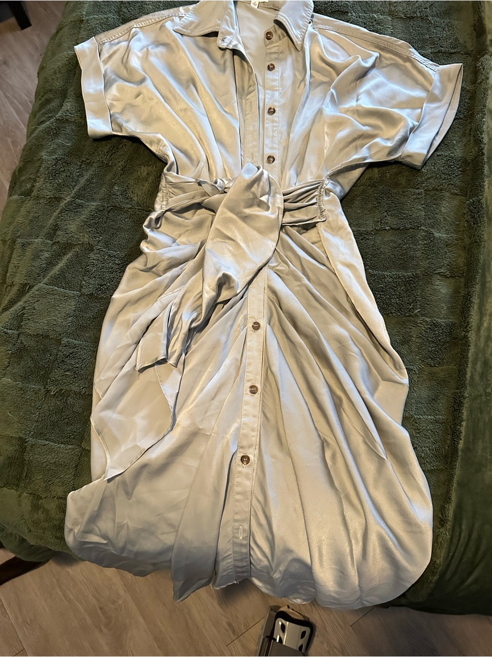 MARBLE Light Beige Satin Button-Front Midi Dress with Self-Tie Waist